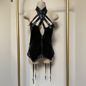 New Dreamgirl Black Strappy Wet Look Corset with Garters, One Size